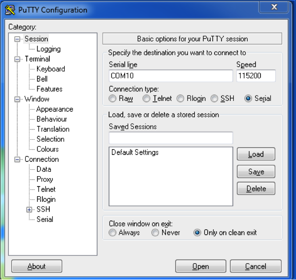 Putty Serial Connection